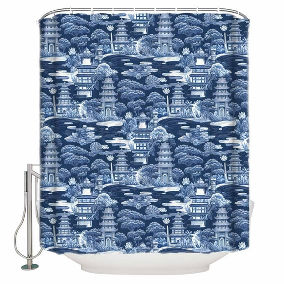 Small Stall Shower Curtain 48x72 Inch Narrow Half Size Navy Blue Garden Bath Curtains Bathroom Decor Modern Art Building Trees Landscape Waterproof Fabric Shower Curtain Set with Hooks 48 Inch