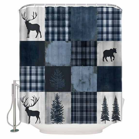 Small Stall Shower Curtain 48x72 Inch Narrow Half Size Navy Blue Plaid Bath Curtains Bathroom Decor Vintage Farmhouse Animals Tree Waterproof Fabric Shower Curtain Set with Hooks 48 Inch