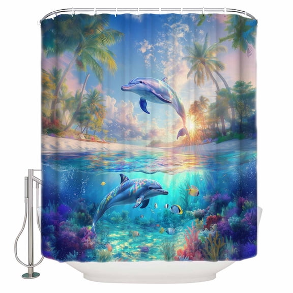 Small Stall Shower Curtain 48x72 Inch Narrow Half Size Ocean Dolphins Bath Curtains Bathroom Decor Summer Coral Coconut Trees Tropical Fish Waterproof Fabric Shower Curtain Set with Hooks 48 Inch