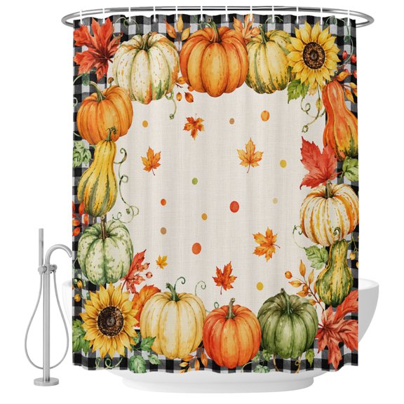 Small Stall Shower Curtain 48x72 Inch Narrow Half Size Orange Pumpkins Fall Bath Curtains Bathroom Decor, Thanksgiving Pumpkin Leaves Checkered Waterproof Fabric Shower Curtain Set with Hooks 48 Inch