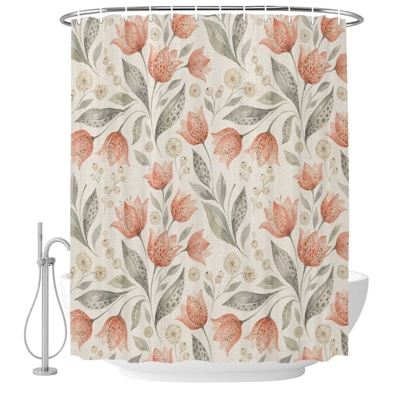 Small Stall Shower Curtain 48x72 Inch Narrow Half Size Peach Floral Bath Curtains Bathroom Decor, Farmhouse Botanical Garden Flowers Waterproof Fabric Shower Curtain Set with Hooks 48 Inch