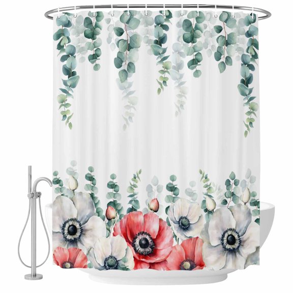 Small Stall Shower Curtain 48x72 Inch Narrow Half Size Poppy Flowers Eucalyptus Bath Curtains Bathroom Decor, Farmhouse Weeping Botanical Waterproof Fabric Shower Curtain Set with Hooks 48 Inch