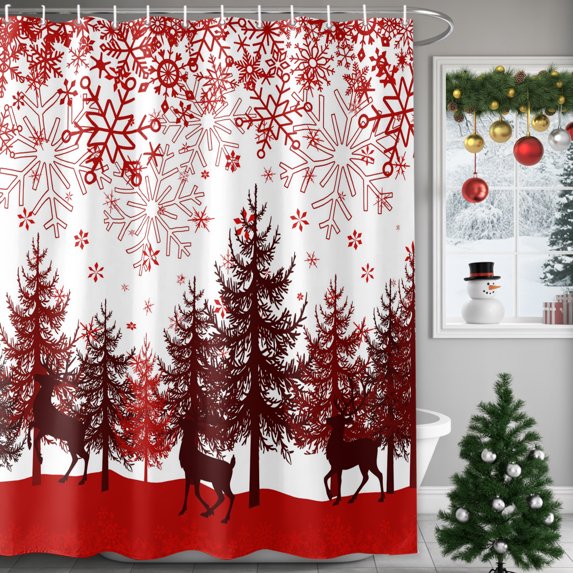 Small Stall Shower Curtain 48x72 Inch Narrow Half Size Red Christmas Bath Curtains Bathroom Decor, Xmas Pine Tree Elk Snowflake Holiday Waterproof Fabric Shower Curtain Set with Hooks 48 Inch