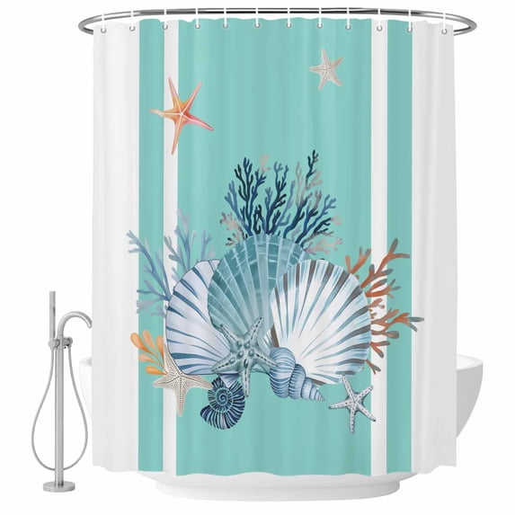 Small Stall Shower Curtain 48x72 Inch Narrow Half Size Summer Coastal Bath Curtains Bathroom Decor, Watercolor Shells Coral Starfish Ocean Blue Waterproof Fabric Shower Curtain Set with Hooks 48 Inch