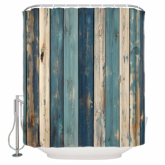 Small Stall Shower Curtain 48x72 Inch Narrow Half Size Teal Beige Stripe Bath Curtains Bathroom Decor Farmhouse Vintage Wooden Grain Waterproof Fabric Shower Curtain Set with Hooks 48 Inch