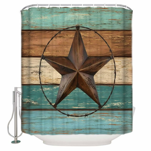 Small Stall Shower Curtain 48x72 Inch Narrow Half Size Teal Brown Bath Curtains Bathroom Decor Country Texas Star Farmhouse Barn Door Wood Waterproof Fabric Shower Curtain Set with Hooks 48 Inch