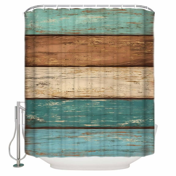 Small Stall Shower Curtain 48x72 Inch Narrow Half Size Teal Turquoise Bath Curtains Bathroom Decor Retro Farmhouse Wood Grain Brown Waterproof Fabric Shower Curtain Set with Hooks 48 Inch