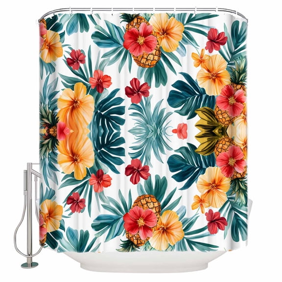 Small Stall Shower Curtain 48x72 Inch Narrow Half Size Tropical Leaves Floral Bath Curtains Bathroom Decor Summer Pineapple Flowers Waterproof Fabric Shower Curtain Set with Hooks 48 Inch