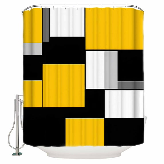 Small Stall Shower Curtain 48x72 Inch Narrow Half Size Yellow Black Bath Curtains Bathroom Decor Abstract White Grey Geometric Patchwork Waterproof Fabric Shower Curtain Set with Hooks 48 Inch