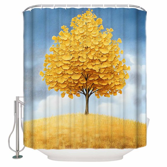 Small Stall Shower Curtain 48x72 Inch Narrow Half Size Yellow Tree Bath Curtains Bathroom Decor Autumn Leaves Blue Sky Watercolor Waterproof Fabric Shower Curtain Set with Hooks 48 Inch