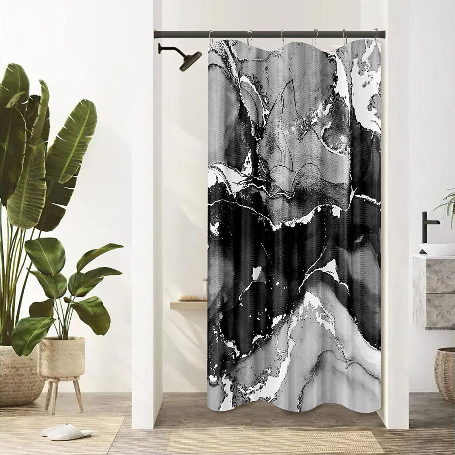 Small Stall Shower Curtain for Bathroom,Marble Shower Curtain Black Modern Abstract Shower Curtain for Bathroom,Waffle Textured Fabric Shower Curtains Hotel Washable Water Repellent, 36W x 72L