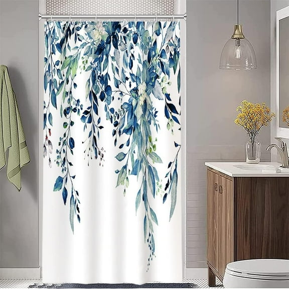 Small Stall Shower Curtain, Blue Eucalyptus Shower Curtain for Bathroom Waterproof Fabric Spring RV Shower Curtain Set with Hooks, 36x72 Inch