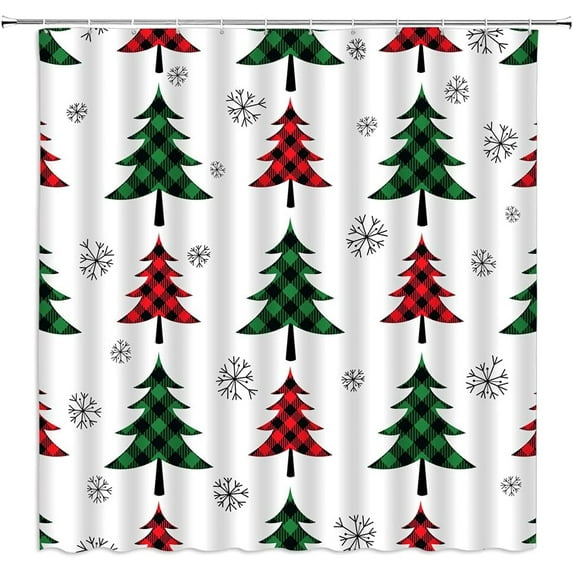 Small Stall Shower Curtain,Christmas Tree Rustic Xmas Red Green Black Buffalo Check Plaid Tree Snowflake Forest Farmhouse Winter Holiday RV Bathroom Home Curtain Decor with Hooks,36" Wx70 H