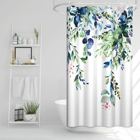 Small Stall Shower Curtain, Green and Blue Eucalyptus Shower Curtain for Bathroom Waterproof Fabric Spring RV Shower Curtain Set with Hooks, 36x72 Inch