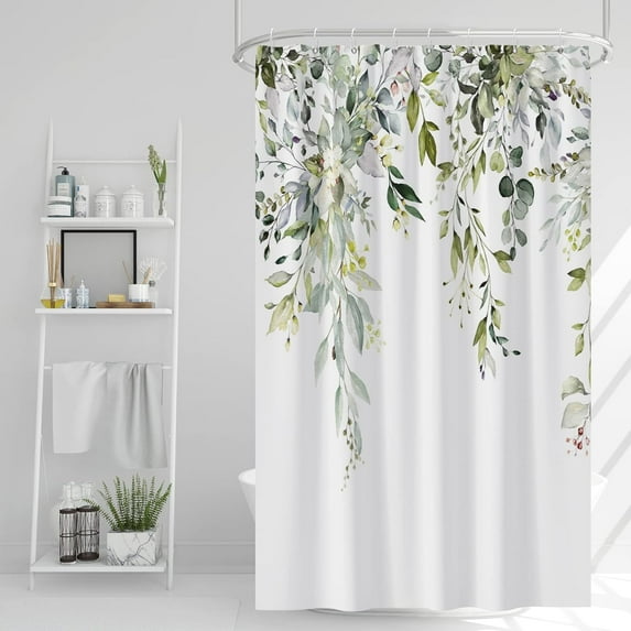 Small Stall Shower Curtain with Hooks Watercolor Plants Stall Shower Curtain Green Leaves 48x72 inch Half Size Shower Curtain for Bathroom/RV and Camper