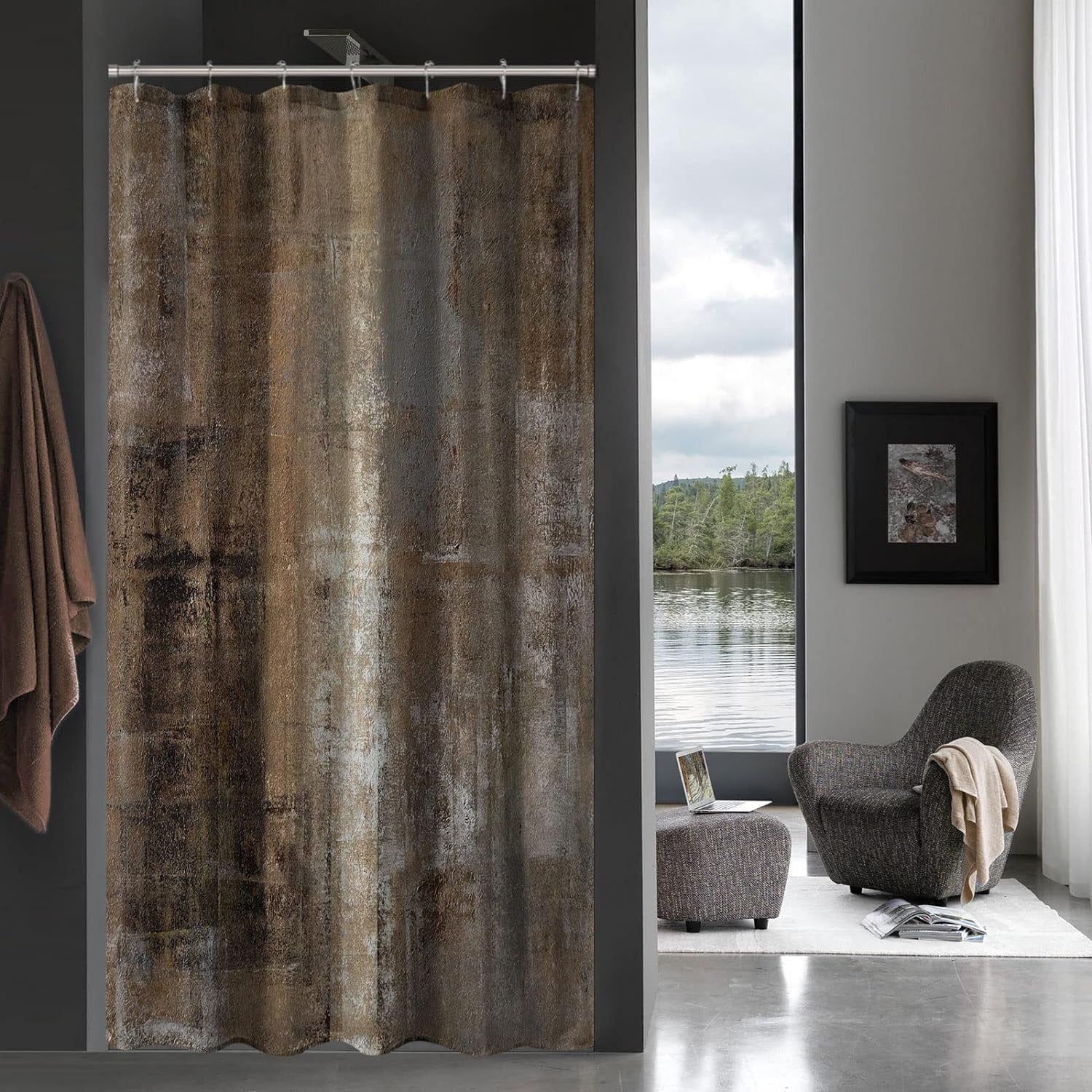 Small Stall Shower Curtain Set 36 x 72, Brown Ombre Half Size Shower Curtain, Abstract Geometric Narrow Shower Curtain for Bathroom Decor, Rustic Wood 36 inch Fabric Shower Curtain