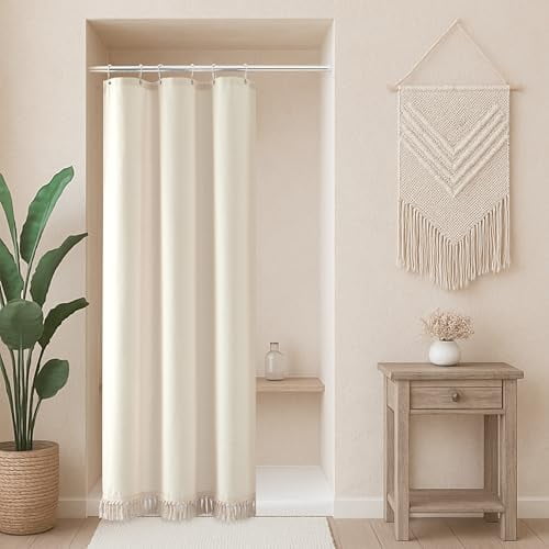 Small Stall White Boho Fabric Shower Curtain, 36x72 Half Size, Textured Tufted Chevron Striped Minimalist Cloth Bathroom Shower Curtain