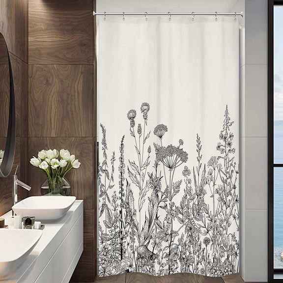 Small Stall Wildflower Farmhouse Half Shower Curtain 36Wx72H Inch Botanical Flower Floral Herbs Plant Vintage Bathroom Windows Balconies Fabric Polyester Waterproof 7 Pack Plastic Hooks