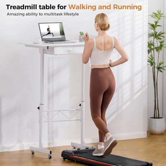 Small Standing Desk Adjustable Height Computer Workstation with Wheels and Drawer - White Portable Sit Stand Table for Home Office