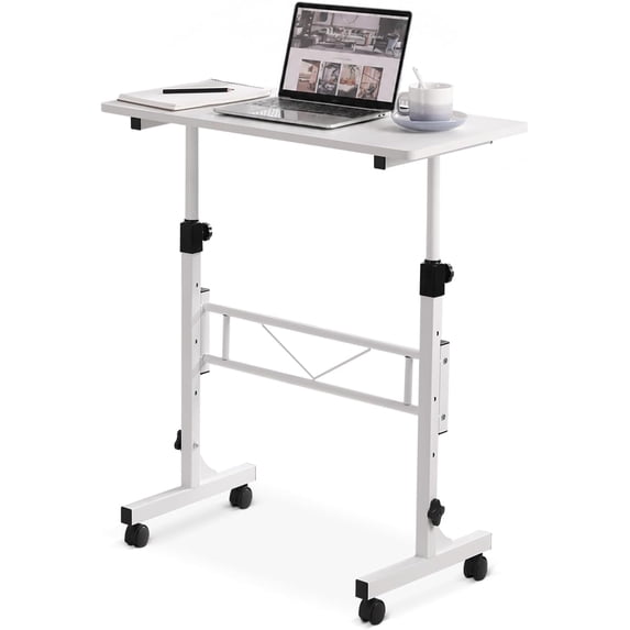 Small Standing Desk Adjustable Height, Mobile Stand Up Desk with Wheels, 32 Inch Portable Rolling Desks Conference Room Tables for Walking Pad Treadmill White