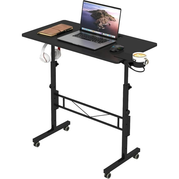 Small Standing Desk Adjustable Height, Mobile Stand Up Desk with Wheels, Portable Walking Pad Table Stand, Rolling Laptop Cart for Standing or Sitting, Black