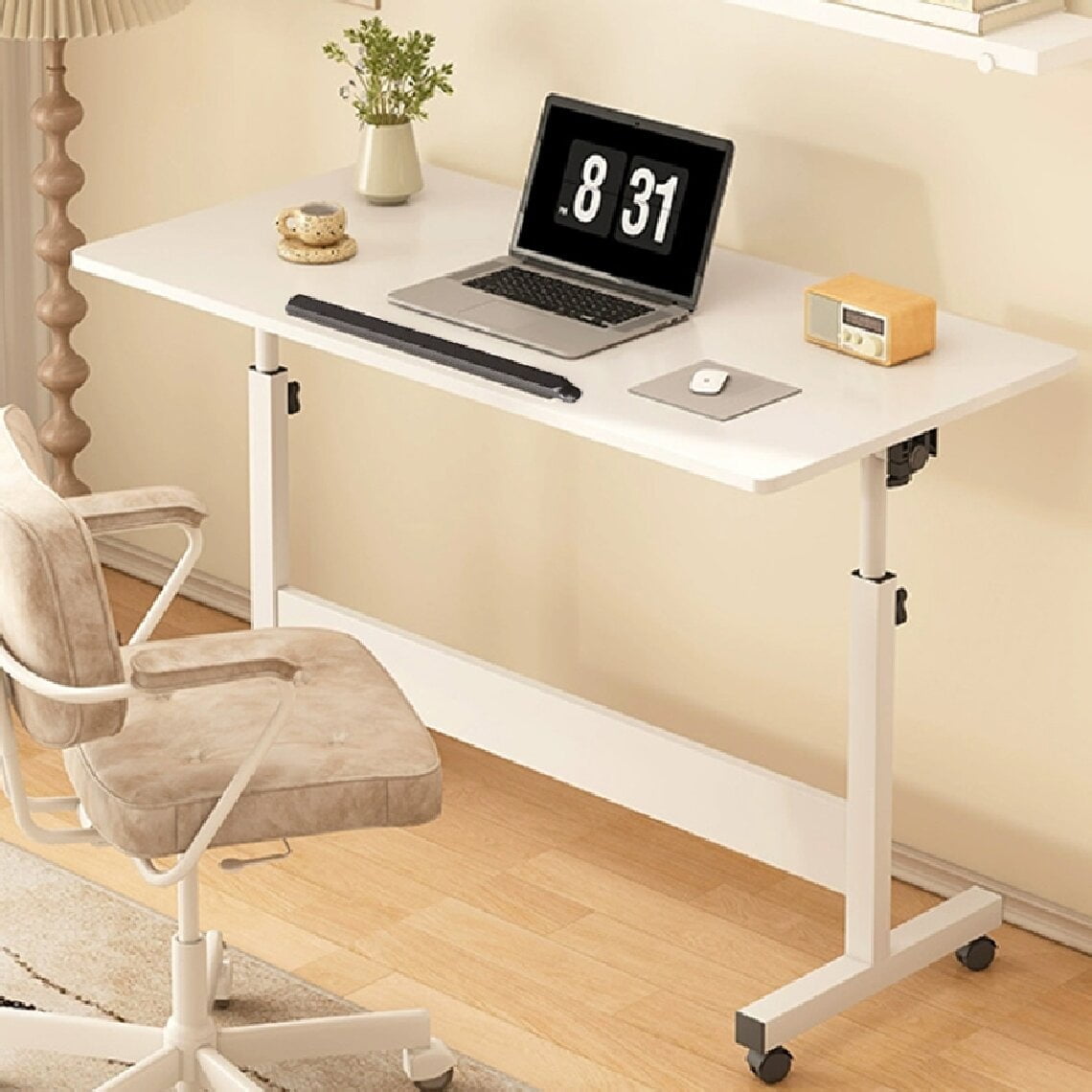 Small Rolling Computer Cart,Adjustable Height Home Office Desk，Portable Laptop Desk for Adults,Natural