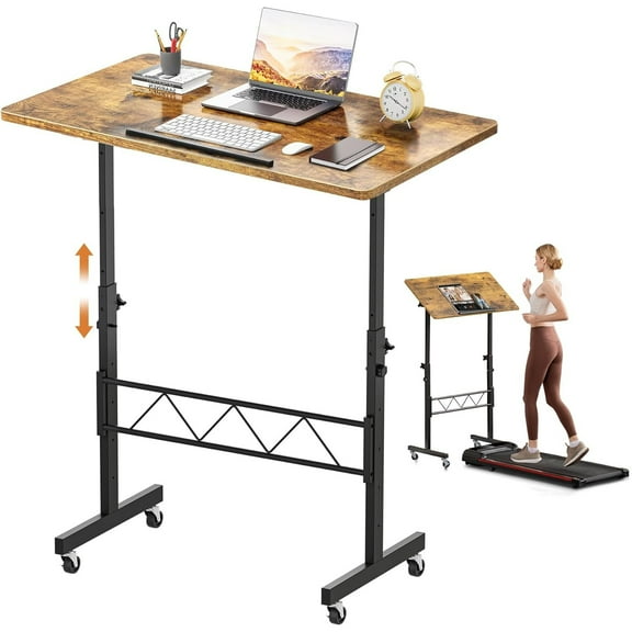 Small Standing Desk Adjustable Height & Tiltable Tabletop, Mobile Stand Up Desk for Laptop, Portable Computer Table for Home Office Work and Walking Pad Treadmill, Height 30.7"-46.4", White