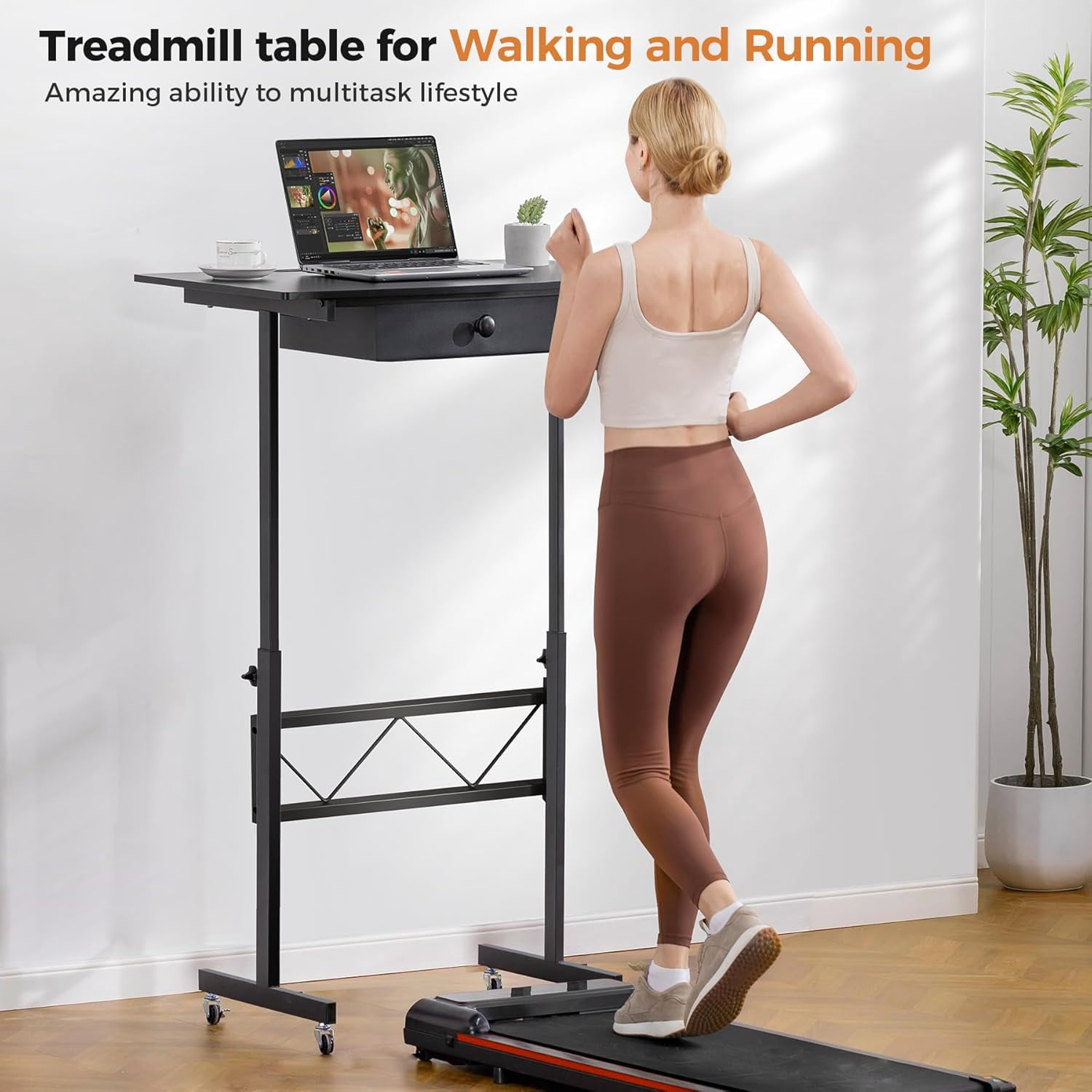 Small Standing Desk Adjustable Height with Wheels and Drawer, 32 Inch Portable Computer Workstation for Home Office