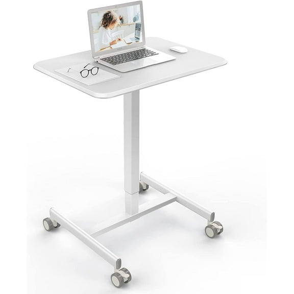 Small Standing Desk, Mobile Stand up Desks with Lockable Wheels, Adjustable Height, 26 Inch Portable Rolling Laptop Computer Desks for Home, White