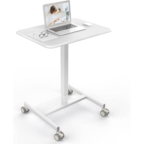 Small Standing Desk, Mobile Stand up Desks with Lockable Wheels, Adjustable Height, 26 Inch Portable Rolling Laptop Computer Desks for Home, White