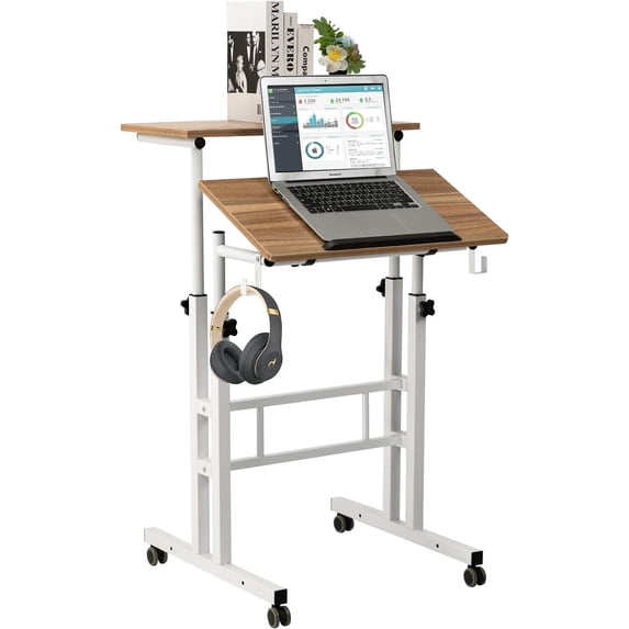 Small Standing Desk, Portable Stand Up Desk, Height Adjustable Mobile Standing Table Converter with Wheels Workstations, Rolling Laptop Cart for Stand or Sit, Oak