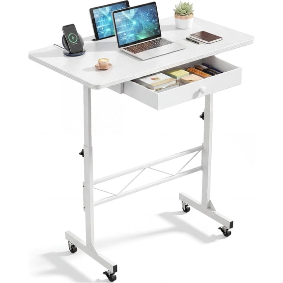 Small Standing Desk with Storage Drawer, Mobile Height Adjustable Rolling Sit Stand Desk with Lockable Wheels 4Level Portable Laptop Desk for Small Space Home Office Treadmill Workstation
