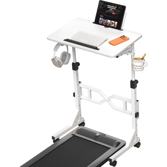 Small Standing Desk with Wheels, 29.5-45.3 Inch Adjustable Height, Portable Treadmill Desk, Rolling Computer Table for Walking Pad with a Cup Holder and a Hook