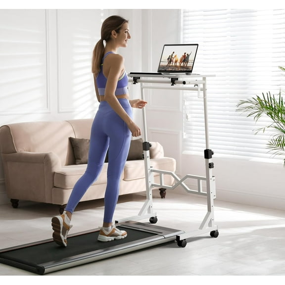 Small Standing Desk with Wheels, 29.5-45.3 Inch Adjustable Height, Portable Treadmill Desk, Rolling Computer Table for Walking Pad with a Cup Holder and a Hook
