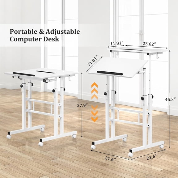 Small Standing Desk with Wheels, Mobile Stand Up Desk, Portable Standing Table on Wheels for Walking Pad, Rolling Computer Desk Adjustable Height, Tall Table