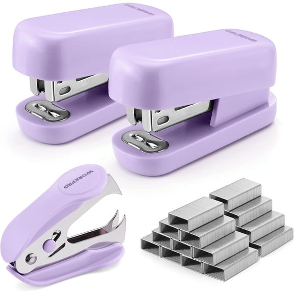 Small Stapler with Staples, Purple Stapler Set Includes Two Mini Staplers, One Staple Remover, 2000 Standard Staples - Cute Staplers for Desk with Non-Slip Base, Lock Design, Colorful