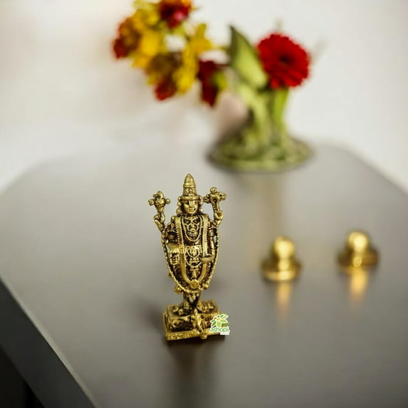 Small Statue of Balaji Made in Brass| Ashopi Decor Tirupati Balaji Statue Idol| Decortive Items| Temple Décor (Yellow, 2 Inch)