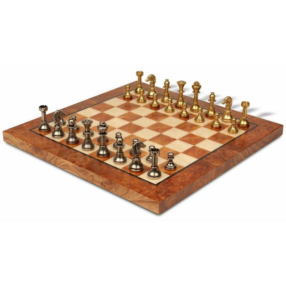 Small Staunton Solid Brass Chess Set with Elm Burl Chess Board