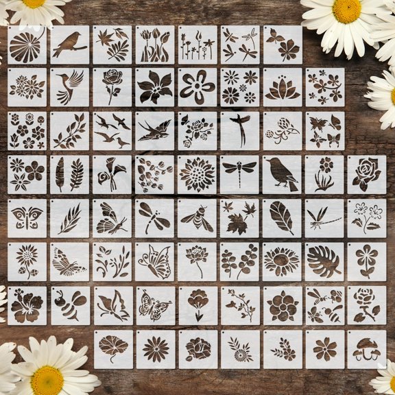 Small Stencils for Crafts, 66 PCS Reusable 3 Inch Painting Stencils, Plastic DIY Template with Flower, Bird, Tree, Leaf, Rose, Sunflower for Wood, Wall, Canvas, Fabric, Home Decor, Card, Rock Art