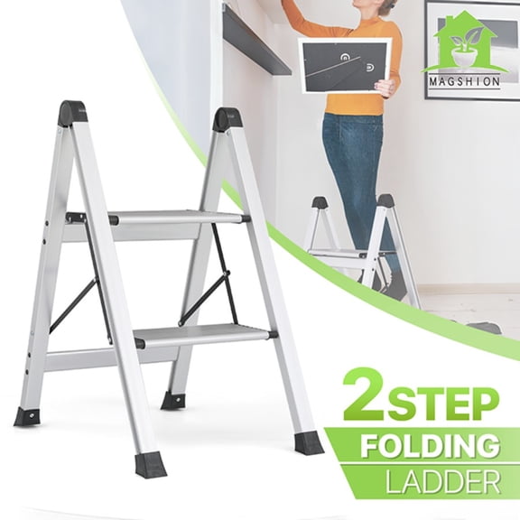 Small Step Ladder, Lightweight Aluminum 2 Step Stool for Adults, Wide Anti-Slip Pedal Small Ladder for Home Office, 330 lbs Capacity
