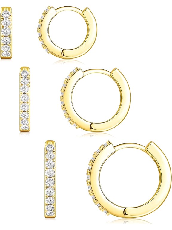 14K Gold Plated CZ Huggie Hoop Earrings Set for Women, 3 Pairs 8/10/12mm Small Hoops, Hypoallergenic Stackable Cartilage Jewelry Gift
