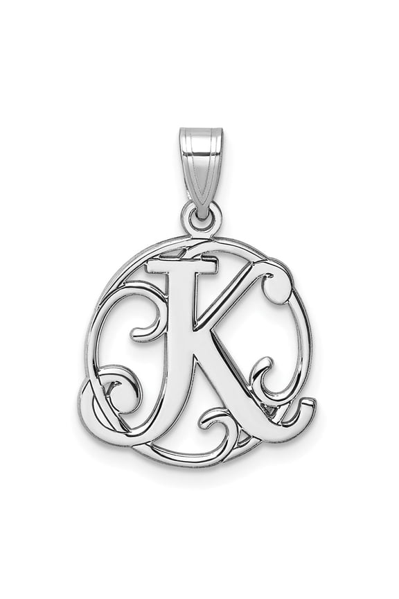 Small Sterling Silver Rhodium-plated Fancy Script Letter K Initial Pendant