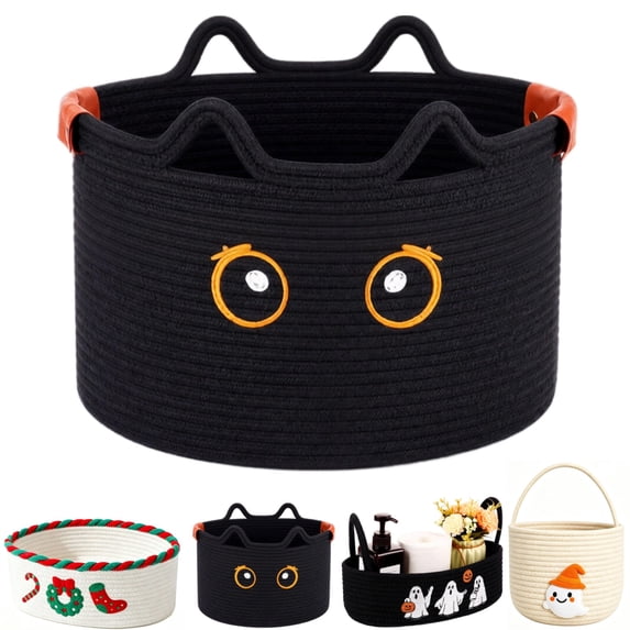 Small Storage Basket Black Cat Cotton Rope Cute Basket Toy Bin Woven Blasket for Nursery Blanket Basket Baby Toy Storage Organizer With Ears for Gifts Cat Dog Bin Toys,C