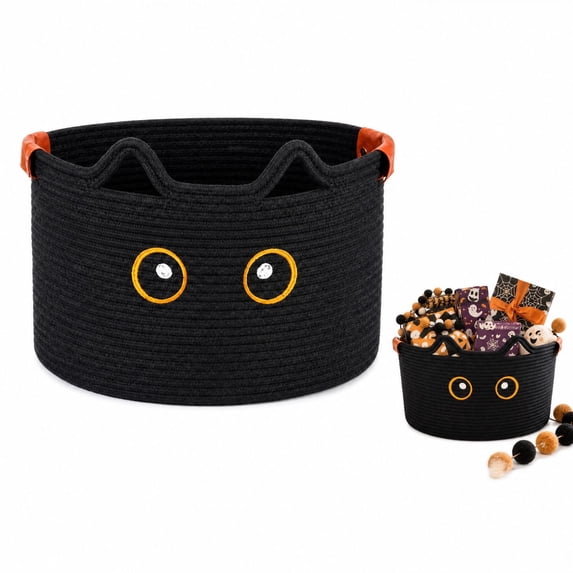 Small Storage Basket Black Woven Cotton Rope Cat Toy Storage Bin Embroidered Facial Detail Decorative Organizer For Nursery Desktop Pet Goods And Seasonal Halloween Use,C