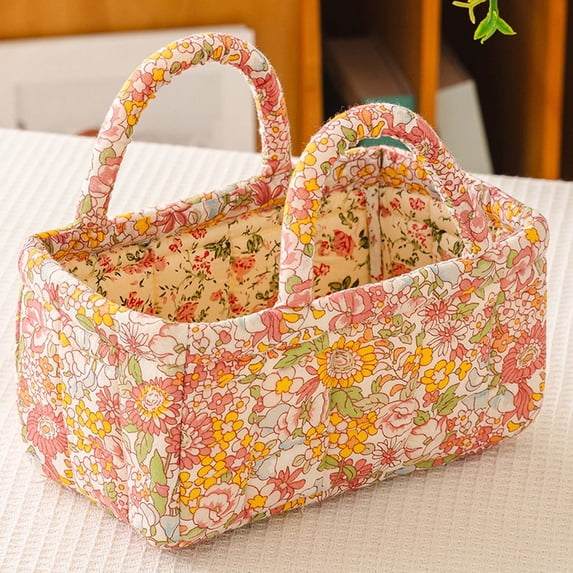 Small Storage Basket Organizer, Mini Fabric Floral Storage Baskets with Handle, Quilted Portable Collapsible Storage,8.7x4.7x4.7in(Pink)