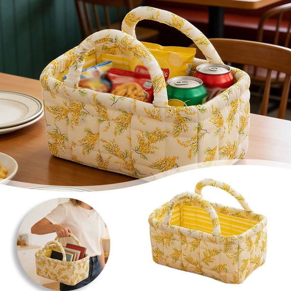 Small Storage Basket Organizer, Mini Fabric Floral Storage Baskets with Handle, Quilted Portable Collapsible Storage