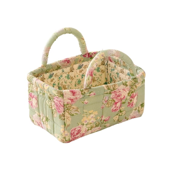 Small Storage Basket Organizer, Mini Quilted Fabric Basket with Handle, Collapsible Storage Bin for Socks Keys Diapers, Foldable Cloth Storage for Nursery Bedroom Office Home