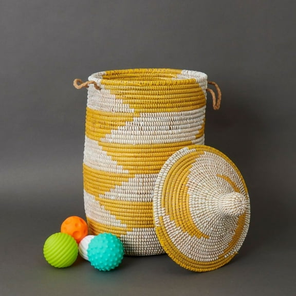Decorative Wicker Basket with Lid  Handles, Clothes Hamper, Nursery Basket, Toy Storage, African Woven, Hood Lid, Yellow White, Small Size
