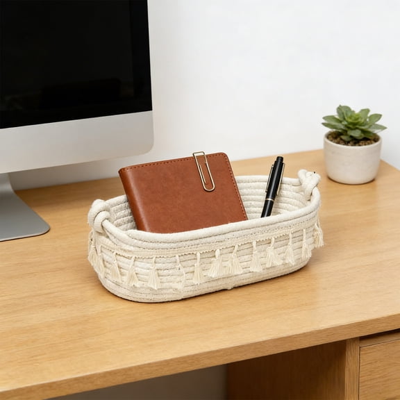 Small Storage Basket for Toilet Tank - Woven Organizer with Handle, Boho Countertop Bathroom Decor, Toilet Paper Holder, 13.4x4.7x4.7in(B)