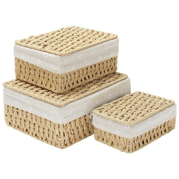 Small Storage Baskets with Lid, Kvago Set of 3 Size Storage Box, Paper Rope Storage Bin with Removable Liner and Metal Frame for Toys Cosmetics Bedroom Closet Desk Organizer (Beige)